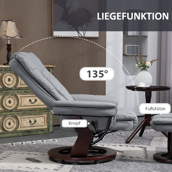 Rootz liggende drejelig stol med afføring - afslapningsstol, vippende ryglæn - faux læder - 85x82x106 cm - 130 kg kapacitet - grå