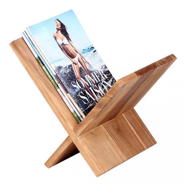 Rootz tidningsställ i massivt trä akacia X-form 31 cm tidningsställ design prospekthållare lantlig stil