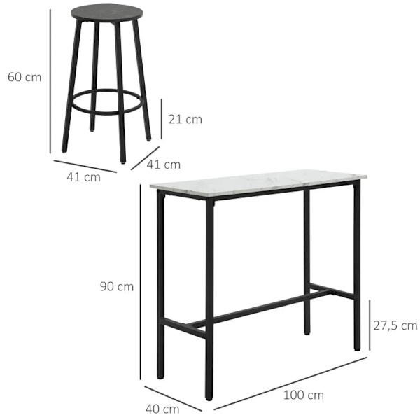 Rootz Bar Set för 2 personer - 1 bord med 2 barstolar - Bordsskiva i vit marmorlook - Stålstomme - Vit + Svart - 100cm x 40cm x 90H cm