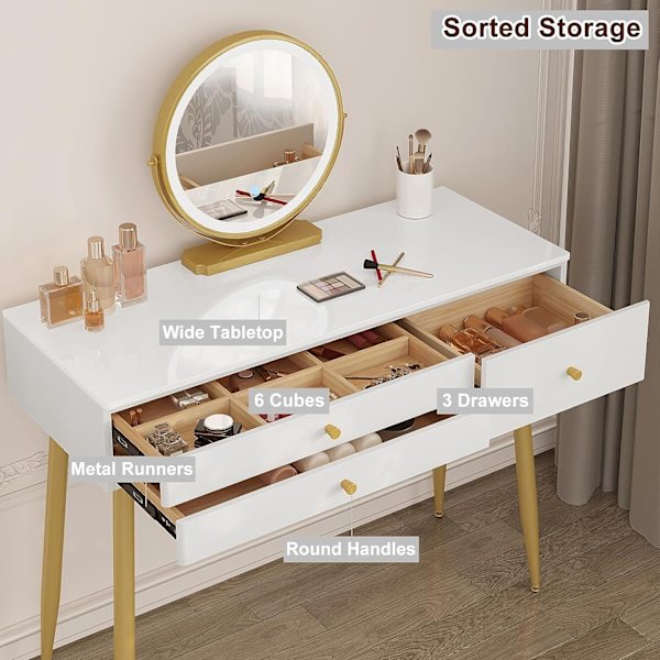 Rootz justerbart sminkbordsset - Sminkbord med pall - Sminkbord med LED-spegel - Ergonomisk komfort - Gott om förvaring - Robust design - 100 cm x 122