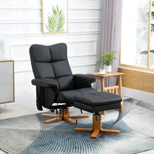 Rootz Massagestol - Fåtölj med liggfunktion - Massagestol med fotpall - Tv-stol - Ergonomisk stol - 10 vibrationspunkter - Läderimitation - Svart - 80