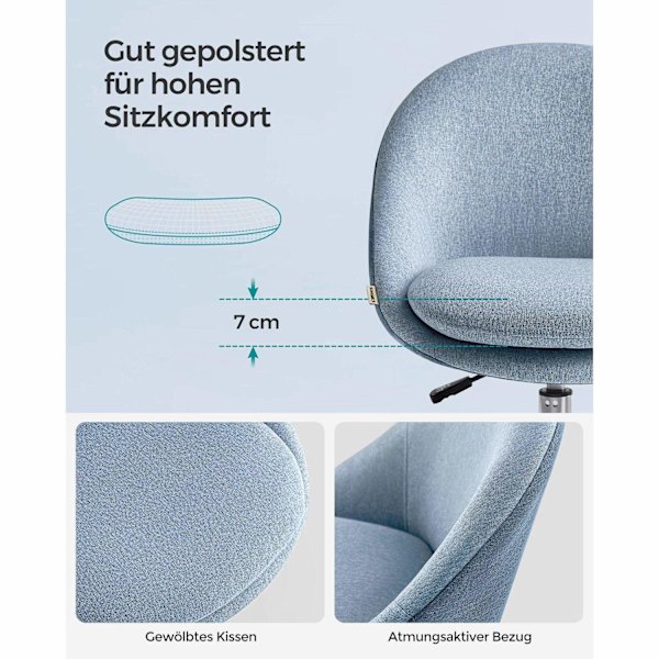 Rootz Blue Swivel Chair - Ergonomisk stol - Roterende stol - Stålstel - Bomuld-linned blanding - Justerbar højde - 60cm x 60cm x 80-90cm