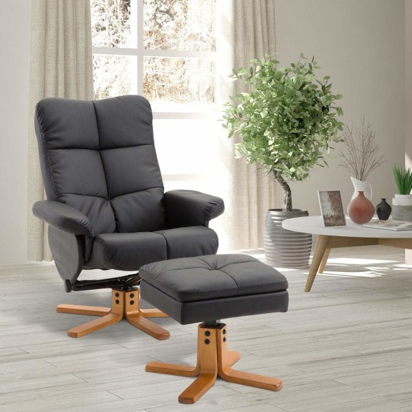 Rootz Relax stol - Fodstøtte - Fodskammel - Kunstlæder - Massivt træ - Liggefunktion - 80 x 86 x 99 cm - Sort