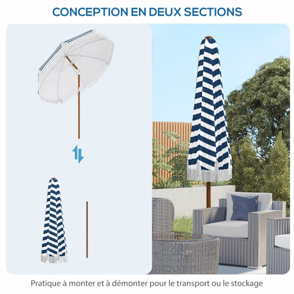 Rootz Round Reslining Parasol - Garden Paraply - Beach Parasol - UV Resistent - 213 cm x 234 cm - Vintage Blue/White with Fringes