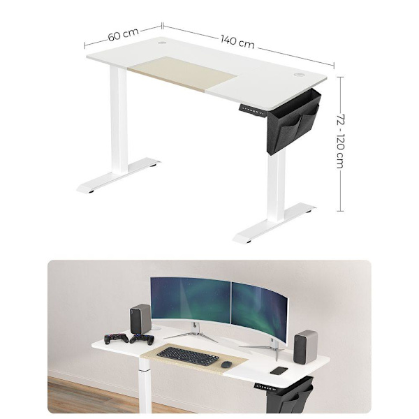 Rootz höjdjusterbart skrivbord - Manuellt höjdjusterbart skrivbord - Elektriskt skrivbord - Stående skrivbord - Spelbord - Vit - 60 x 140 x (72-120) c