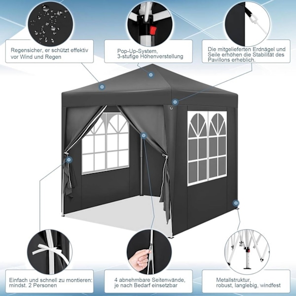 Rootz Garden Gazebo - Utomhustak - Solskydd - UV-skydd - 2m x 2m x 2,4m - Metallram - 210D Oxford-tyg