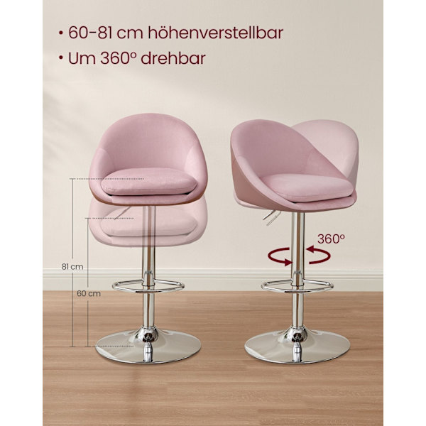 Rootz 2-delade set barstolar - Bänkstolar - Justerbar i höjdled - Sammet - PU-läder - Metallram - Pastellrosa-silvergrå - 52,5 cm x 50 cm x (97,5-108,