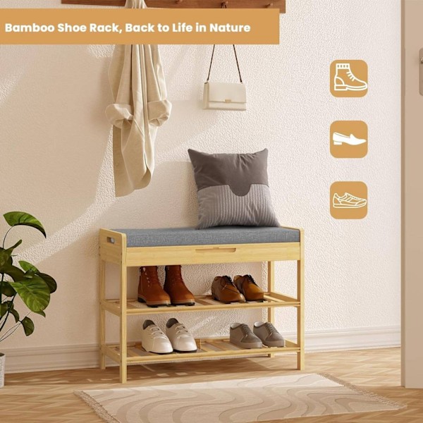 Rootz Bamboo Skobænk - Skostativ - Entrébænk - Skumpolstring - 68 cm x 50 cm x 30 cm