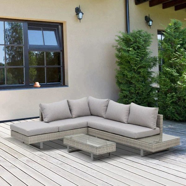 Rootz Havesiddesæt - Rattan Lounge Sæt - Sofasæt - Tebordssæt - Grå/Brun