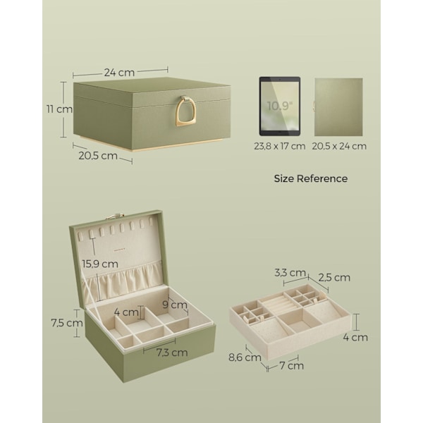 Rootz Laurel Green smykkeskrin - Organizer-etui - Opbevaringsbeholder - MDF-konstruktion - Fløjlsforing - Kompakt design - 20,5 cm x 24 cm x 11 cm