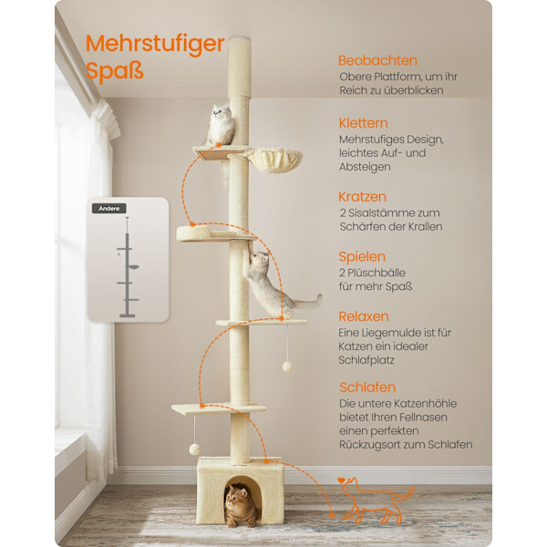 Rootz Cat Tree Ceiling High - Ridsestolpe - Kradser - Højdejustering - Beige - MDF, krydsfiner, plys, sisal - 45 cm x 30 cm x (231-291 cm)