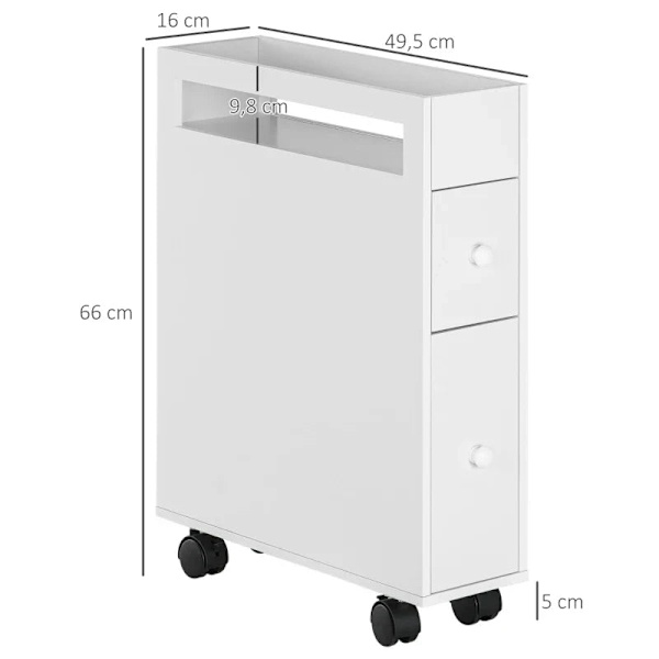 Rootz Badrumsskåp - Smal design - Rullskåp - Två lådor - Fyra hjul - MDF-ram - Vit - 16L x 49,5W x 66H cm