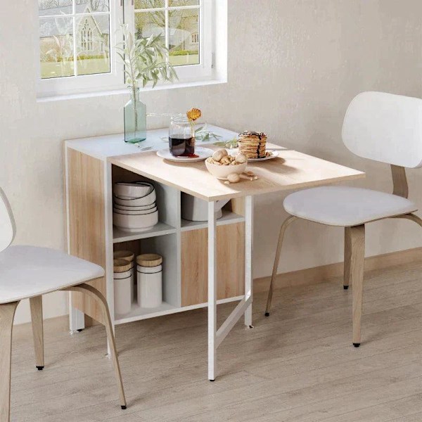 Rootz Folding Table - Dining Table - Side Tables - Storage Space For Living Room - Kitchen - Oak Wood - Metal Frame - Natural/White - 169 x 62 x 75 cm