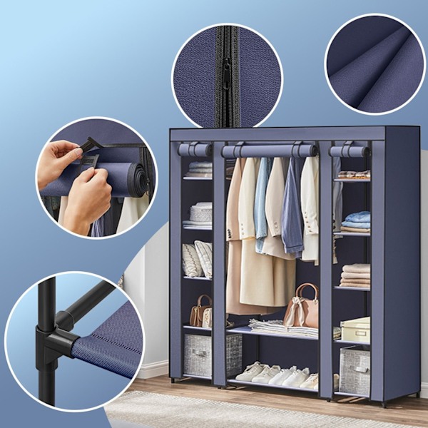 Rootz Fabric Garderobe - Stofskabet - Fleece Coated Storage - Rumbesparende løsning - 45x150x175cm - Blå