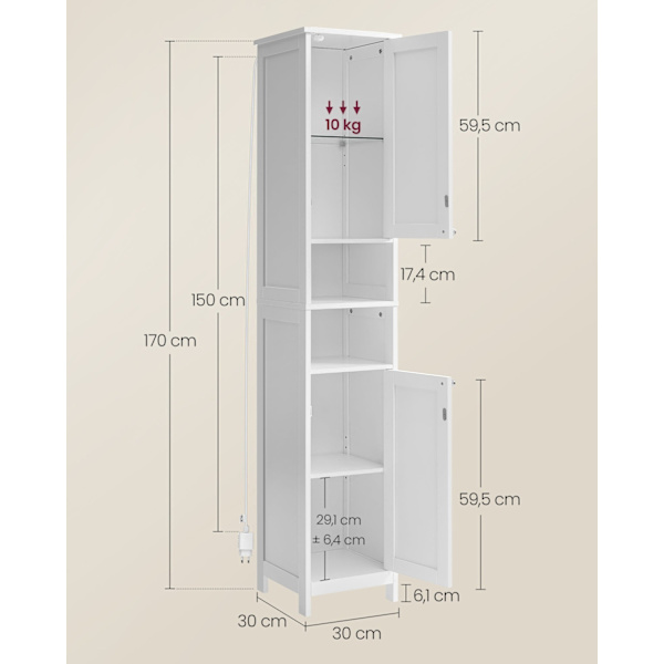 Rootz Badeværelsesskab - Opbevaringsorganisator - Højskab - MDF - Cloud White - 30cm x 30cm x 170cm - Justerbare hylder - Anti-Tip - 60 kg Kapacitet