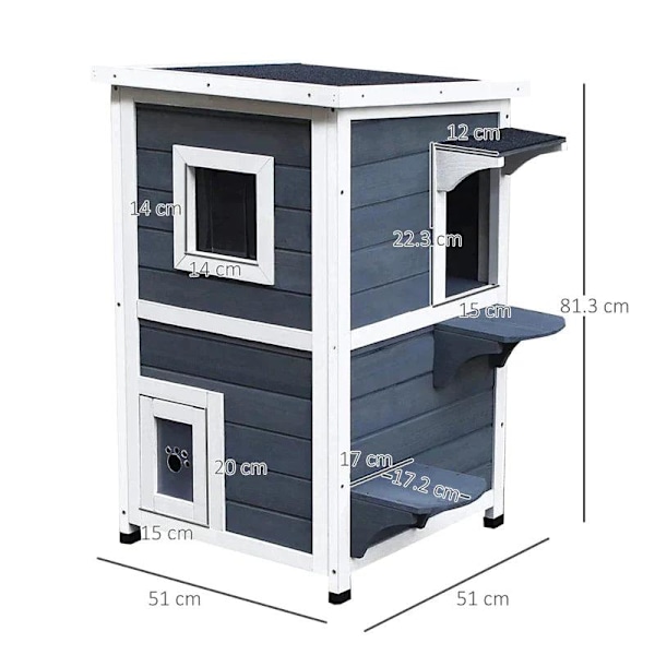 Rootz Cat House - Katzenhaus - Pet House - Cat Villa - Wood - Gray - 51 x 51 x 81.3 cm