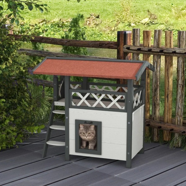 Rootz Cat House - Pet Kennel - Asfalt tak - 2 nivåer 1 stege - G
