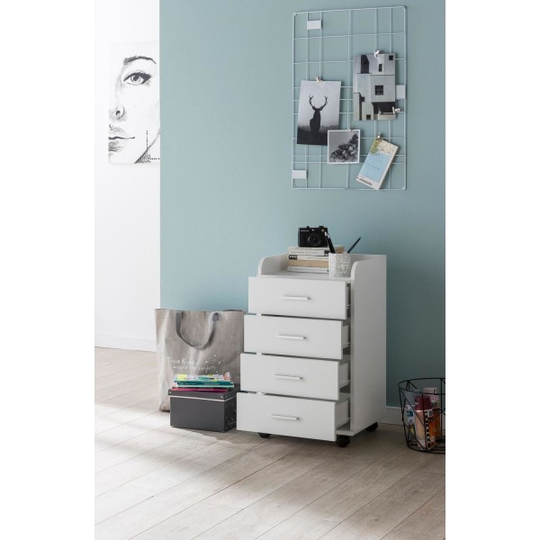 Rootz rullcontainer 40 x 70,5 x 33 cm vit - Skrivbordscontainer Rullskåp 4 lådor - Modern lådcontainer med hjul - Stativcontainer Kontorscontainer Sid
