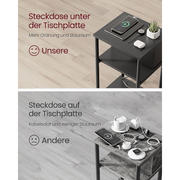 Rootz Supplement Side Table - Accent Table - End Table - USB+AC Connections - Black Chipboard & Steel - 30x34x58cm