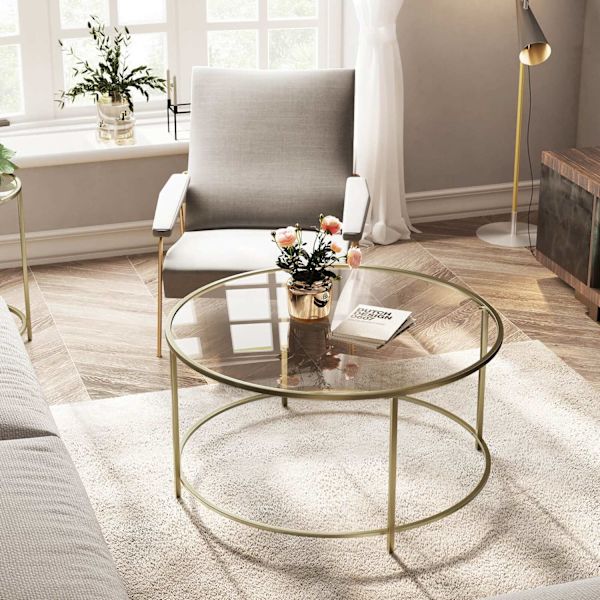 Rootz guldramme glas sofabord - stilfuldt accent bord - retro look - jern og hærdet glas - 84 cm x 84 cm x 45,5 cm