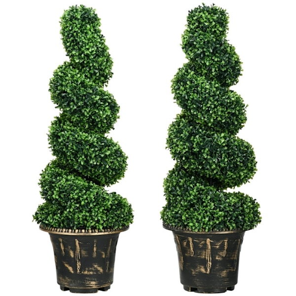 Rootz Spiral imiterede buksbomplanter - Kunstige topiaries - Realistisk farve og tekstur - Stabile cementpotter - Sæt med 2 - Grøn - 90 cm x 30 cm x 2