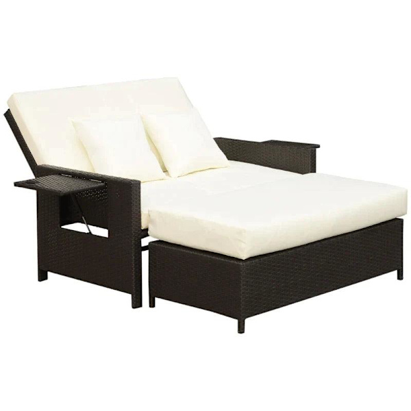 Rootz Poly Rattan Lounge Sohva - Puutarhasohva - Aurinkotuoli - 2-paikkainen - Tyyny - Jakkara - Ruskea