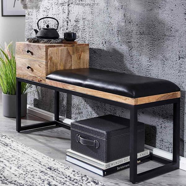 Rootz bänk getskinn - massivträ bänk 100x60x35 cm i retrostil - Hall klädd bänk metall med förvaringsutrymme - Vadderat läder bänk förvaring svart - L