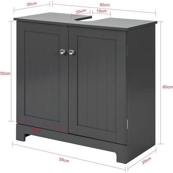 Rootz skab under vask - Vaskeskab til badeværelse - Opbevaringsskab til badeværelse med 2 døre, B60 x D30 x H60 cm, Mørkegrå
