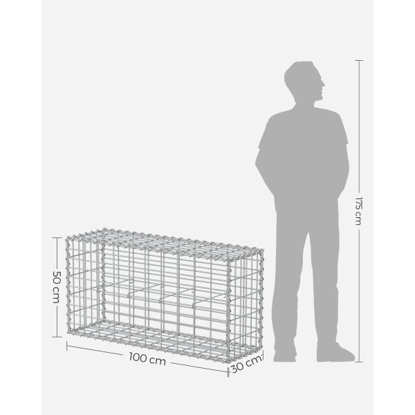 Rootz Silver Gabion Sæt - Metal Mesh - Spiralpind - Afstandskroge - Galvaniseret stål - 100 cm x 50 cm x 30 cm - Stærk og holdbar - Nem at samle - Als