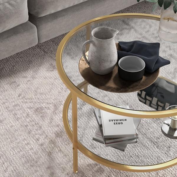 Rootz sidobord - Modernt sängbord - Nattduksbord - Härdat glas - Pulverlackerat stål - 60 cm x 43 cm - 2-vånings hylla - Guld