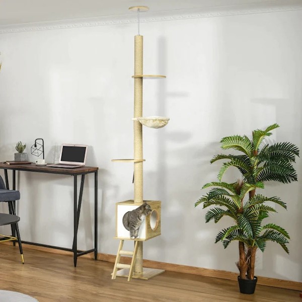 Rootz skrapstolpe - Högt i tak - Katthus - Två plattformar - Hängmatta - Anti-tip - Ljusbrun + Beige - 40 x 40 x 260 cm