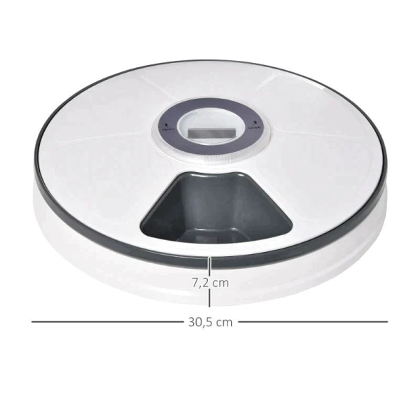 Rootz foder til kæledyr - 6 rums foder til katte - foder til kæledyr med digital timer - LED-skærm - Hvid + Grå - Ø30,5 x 7,2H cm