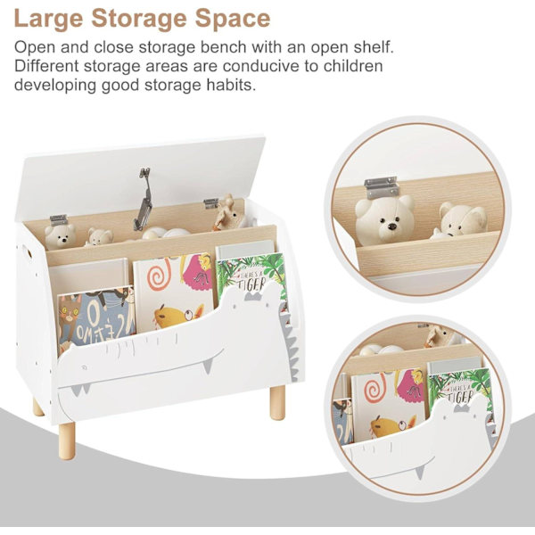 Rootz White Crocodile Toy Box - Förvaringsbänk - Organisering för barn - Säker med långsamt stängande lock - Slitstark MDF-konstruktion - Mångsidig me