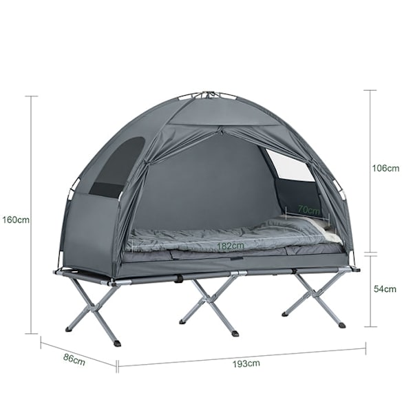 Rootz Allt-i-ett campingset - Pop-up-tält - Bärbar tältsäng - Sovsystem utomhus - Slitstark Oxford-nylon - Myggskydd - Enkel transport - 193 cm x 160