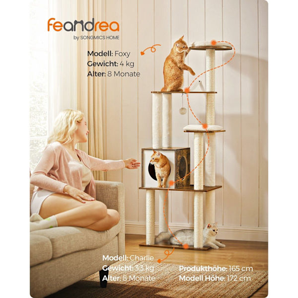 FEANDREA Vintage Brown Cat Tree Skrapstolpe - Cat Tower - Cat Condo - Spånskiva - Plysch - Sisal - 58cm x 40cm x 165cm