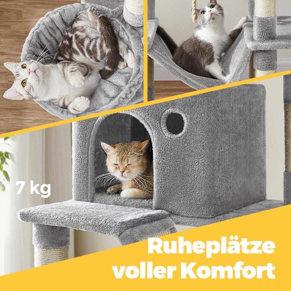 Rootz Cat Tree - Scratching Post - Climbing Tree - Space Saving Amusement Park - 60 x 50 x 206 cm - Grå - Plush & Sisal
