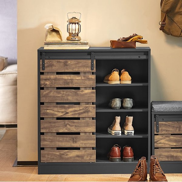 Rootz Modern skænk med skydedør - Kommode - Skoskab - Alsidig opbevaring - Justerbare hylder - Holdbart PB-materiale - 80cm x 89cm x 35cm
