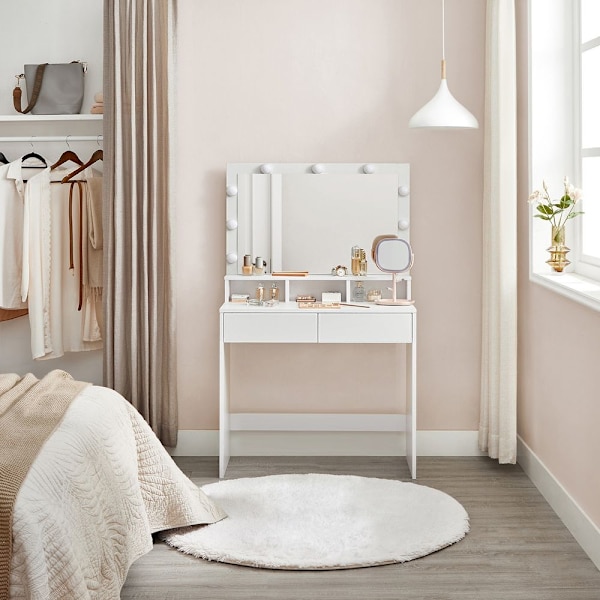 Rootz Sminkbord - Med spegel och glödlampor - Sminkbord - Upplyst spegelbyrå - Sminkbord för kosmetiska - Spånskiva - Melaminbeläggning - Vit - 80 x 4