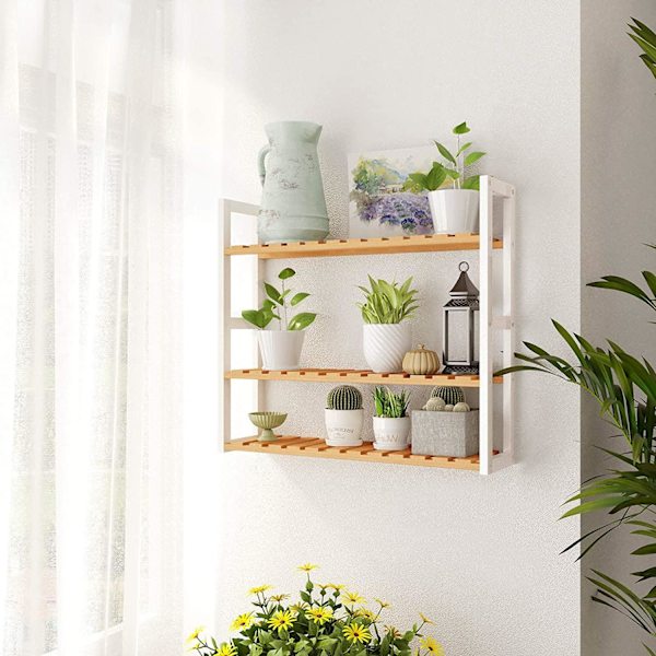 Rootz-seinähylly - Bambu - Korkeussäädettävä - 3 kerrosta - Seinäasennus - Kirjahylly - Beige - Valkoinen - 60 x 15 x 54 cm