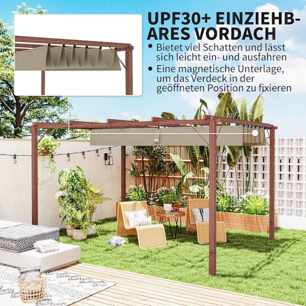 Rootz 3x4m Garden Pergola - Justerbart terrasstak - utomhuspaviljong - UPF30+ Solskydd - 382x300x232cm