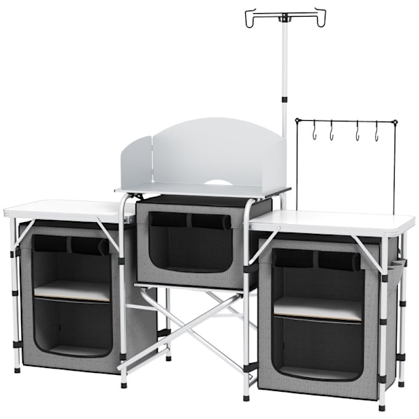 Rootz Camping Kök - Matlagningsstation utomhus - Portabelt lägerkök - Gott om förvaring - Justerbart lampställ - 172L x 48W x 119H cm