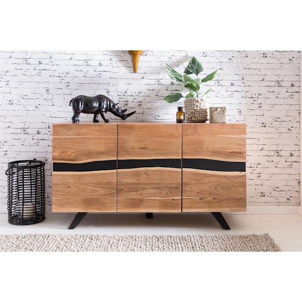Rootz skänk 148 x 85 x 43 cm massivt trä akacia skänk i naturlig trädkant - Highboard i lantlig stil med 3 dörrar - Korridorskåp