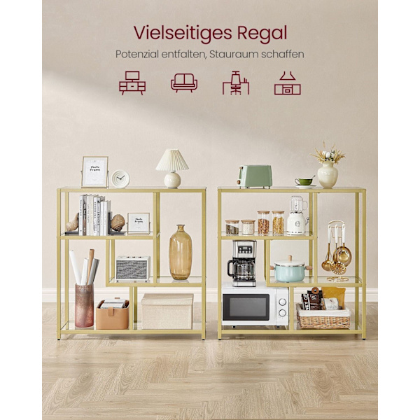 Rootz Glas reol - Hylde Organizer - Display Stand - Hærdet glas - Stålramme - 30 cm x 100 cm x 103 cm - Gennemsigtig bleg guld