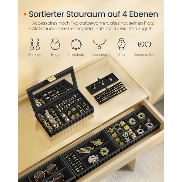 Rootz smyckeskrin med spegel - Förvaringslåda - Organizer - Bläcksvart - 17cm x 28cm x 20,5cm - PU syntetiskt läder - MDF - Sammet - Metall - Glas