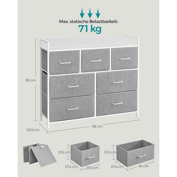 Rootz Dove Grey Cloud Hvid kommode - Spånplade Stålstof - Opbevaringsskuffer - 28,5 cm x 98 cm x 85 cm