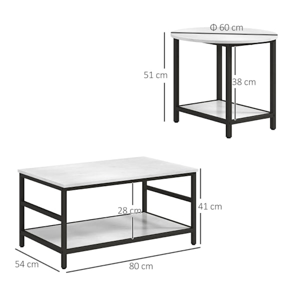 Rootz Marble Look Soffbord Set - Sidobord - Vardagsrumsmöbler - Stålstomme - 80cm x 54cm x 41cm, 60cm x 60cm x 51cm