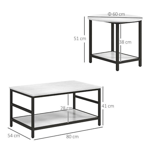 Rootz Marble Look sohvapöytäsetti - Sivupöydät - Olohuoneen kalusteet - Teräsrunko - 80cm x 54cm x 41cm, 60cm x 60cm x 51cm