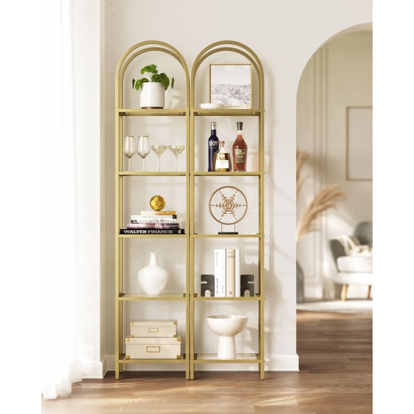 Rootz 5-vånings metallic guld Transparent glashylla - Displayställ - Förvaringsställ - Härdat glas - Stålram - 30,2 cm x 40 cm x 183,5 cm - Lättvikt -