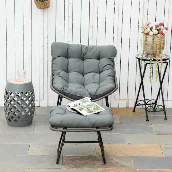 Rootz Rattan Relax Stol med fotpall - Trädgårdsstol - Utomhusstol med rotting med dyna - Stål - Polyester - Grå - 69 x 76 x 70 cm