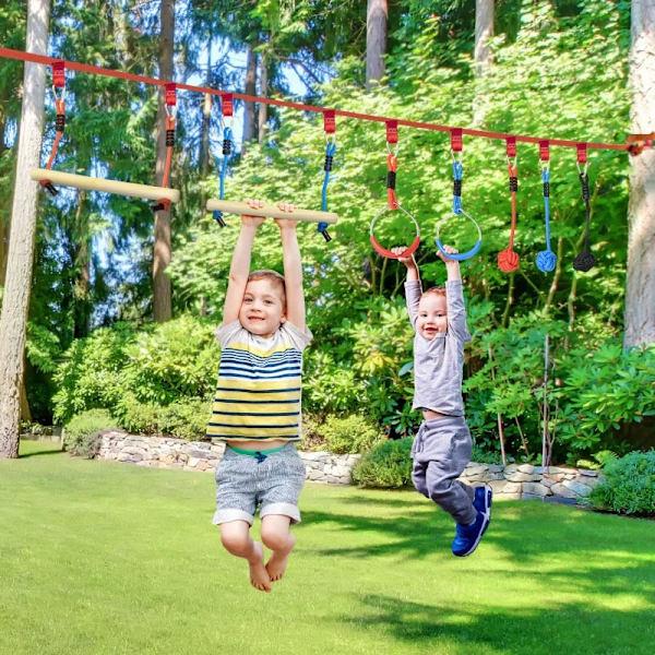 Rootz Ninja Slackline klatresæt - 30 stykker - 10m reb til børn 3-6 år - blå + sort + rød - 1000 cm x 40 cm x 100 cm